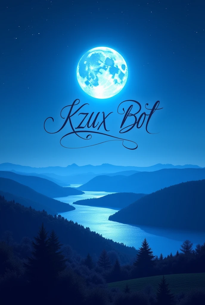 stretched banner with a bright blue moon landscape background. with a blue moon logo with the word Kzux Bot below the moon and in the middle of the banner