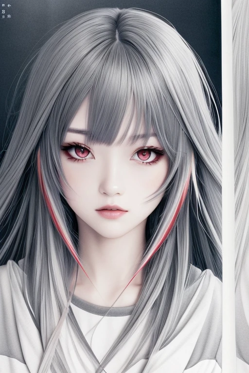 8k, Highest quality, Manga style, View your viewers, Intricate details,One person, Nakiri Ayame, 2Demon horns in the book, Multicolored Hair, Long Hair, Red eyes, Gray Hair,