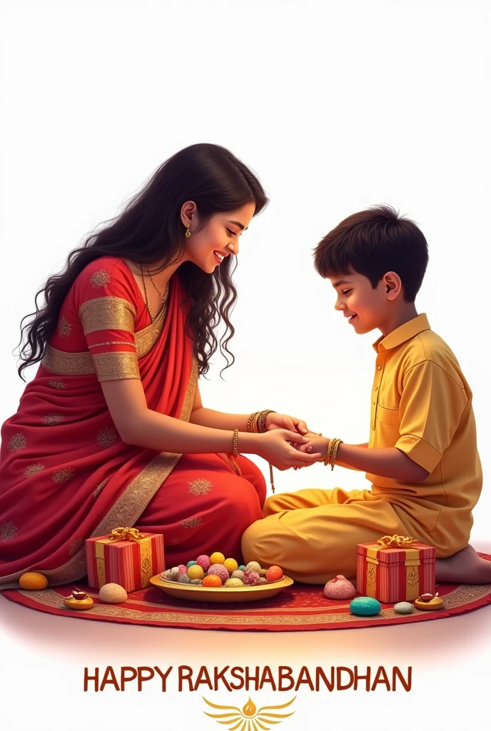 Rakshabandhan fastival, A beautiful Indian girl age 20 years wearing saree carring pooja plate binding raksha band on her brother's right hand, a hindu boy age 19 years,Tila on his forehead,sitting along with her and wearing keshri kurta pyjama eating sweet, so many gift sweets and blessings sitting together on floor, white background, wrote caption happy rakshabandhan on bottom Sai Aashirwad Estate golden red colour