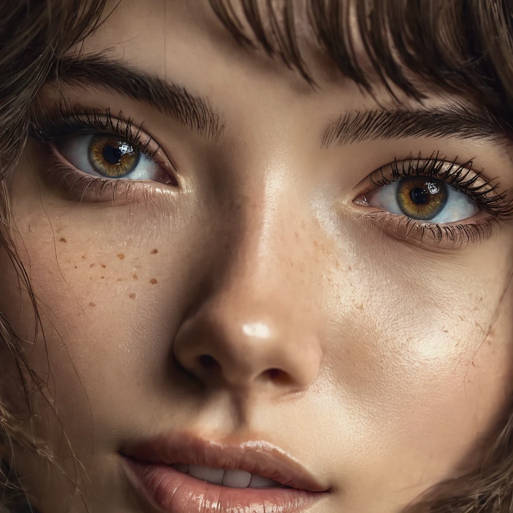 masterpiece, best quality, perfect eyes, high details, 4k, 8k, 1girl,solo,looking at viewer, brown hair, Layered Bangs, brown eyes, parted lips,teeth,lips,eyelashes,messy hair,portrait,close-up,freckles,realistic ,glowin eyes