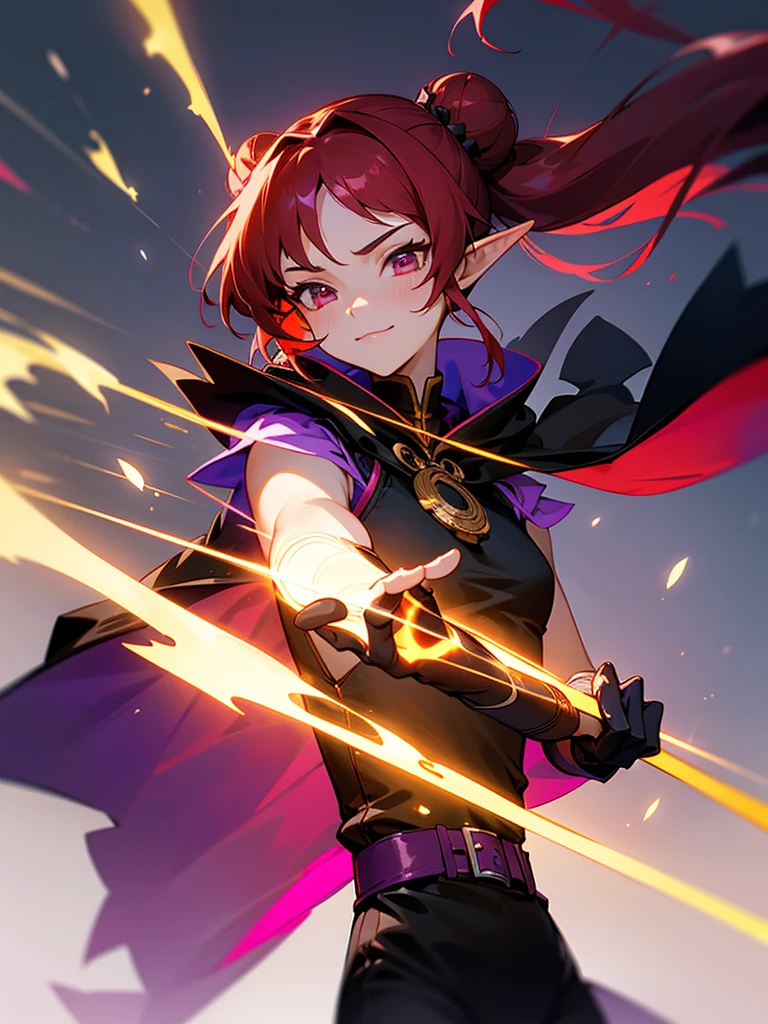 a girl,Elf,Magician,martial artist,,long red hair,long twintails,bun tou,Pink eyes,Chinese style,short and small,Bright smile,((Deep purple cloak)),((Sleeveless high-necked top)),((black leggings)),((Beautiful belt)),((Magic gloves)),flame,Elemental magic,((handsome pose)),Rendering,Super details,Upper Body,movie lighting effects,best picture