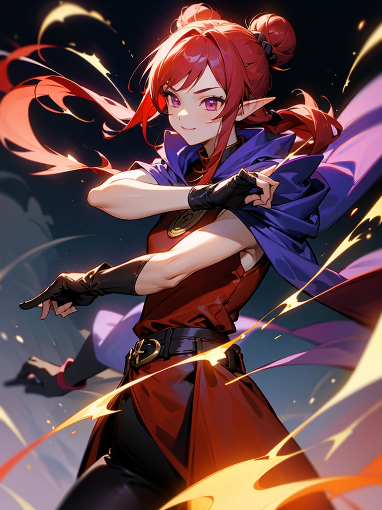a girl,Elf,Magician,martial artist,,long red hair,long twintails,bun tou,Pink eyes,Chinese style,short and small,Bright smile,((Deep purple cloak)),((Sleeveless high-necked top)),((black leggings)),((Beautiful belt)),((Magic gloves)),flame,Elemental magic,((handsome pose)),Rendering,Super details,Upper Body,movie lighting effects,best picture