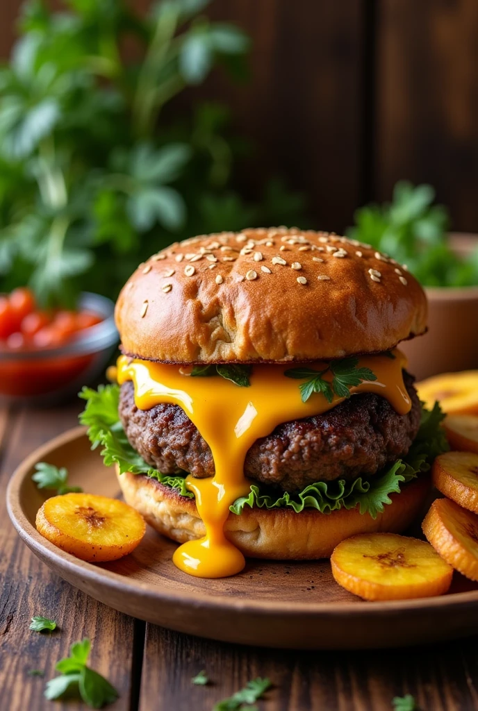 150 gram ground beef hamburger;queso;fried ripe plantains