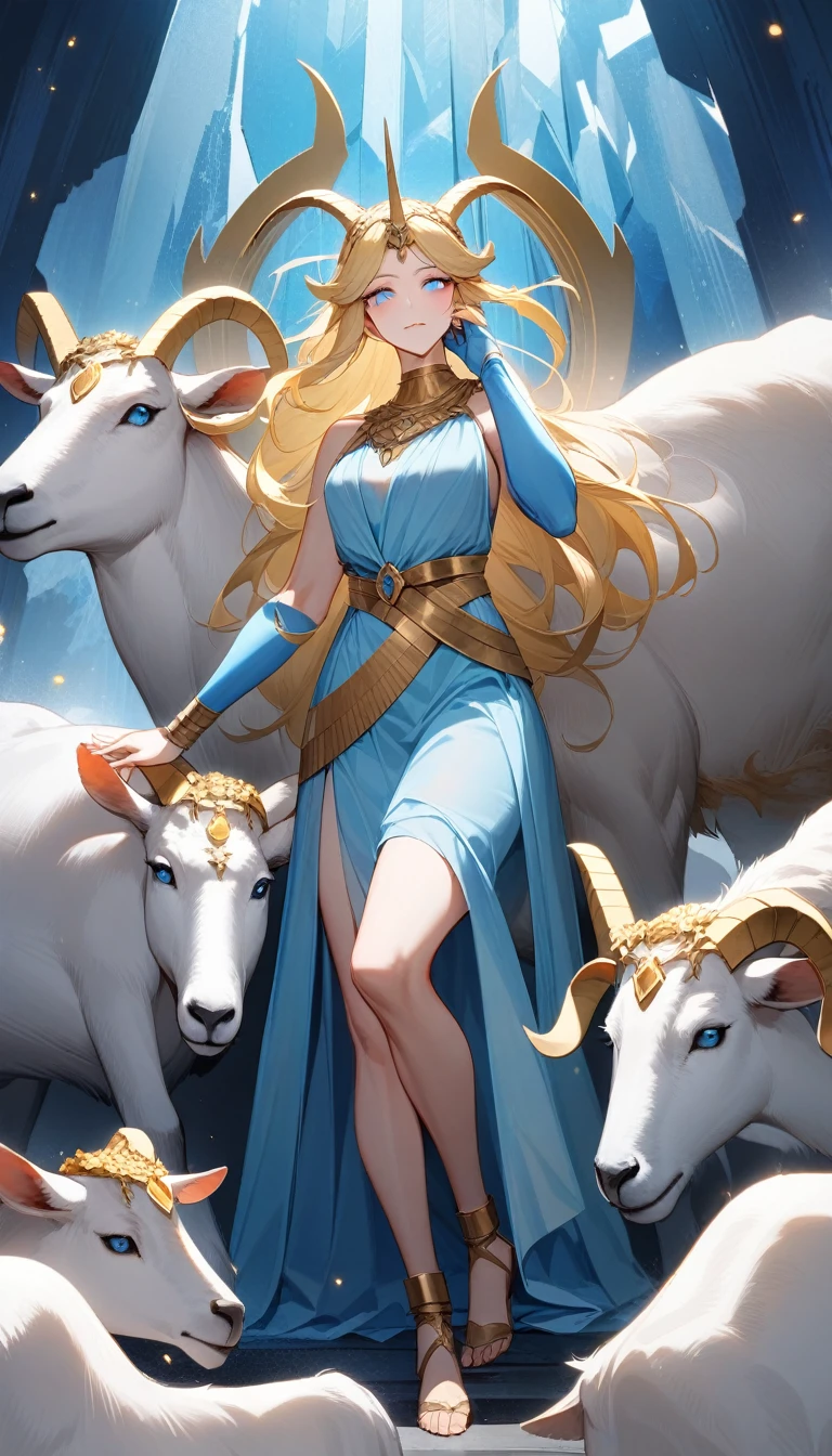 (Huang Li、high quality、Extremely detailed),Capricorn goddess,Giant goat,Woman petting a goat,Similar to Latin goodness,brave,capricious,Productivity,The face of enterprising and humanitarianism,Long yellow hair,Ancient Greek costumes、Wrap Dress,The background is the Arctic,Crystal blue eyes(Eyes Details),Powerful appearance