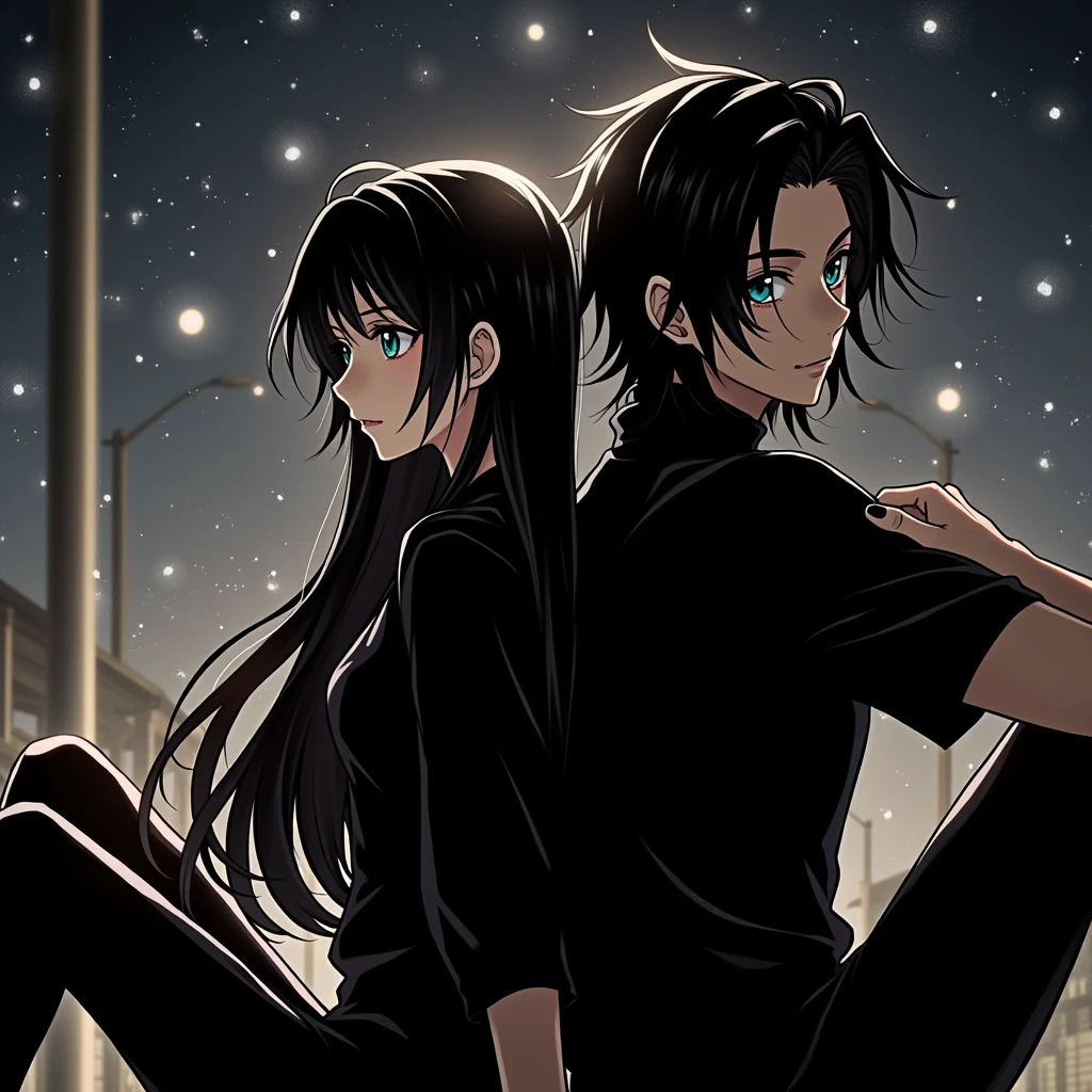 A guy with long black hair, gray eyes, Beautiful face, beautiful body, black T-shirt, black trousers, She sits leaning against a girl with black hair and blue eyes., anime art, realistically, super detail, masterpiece