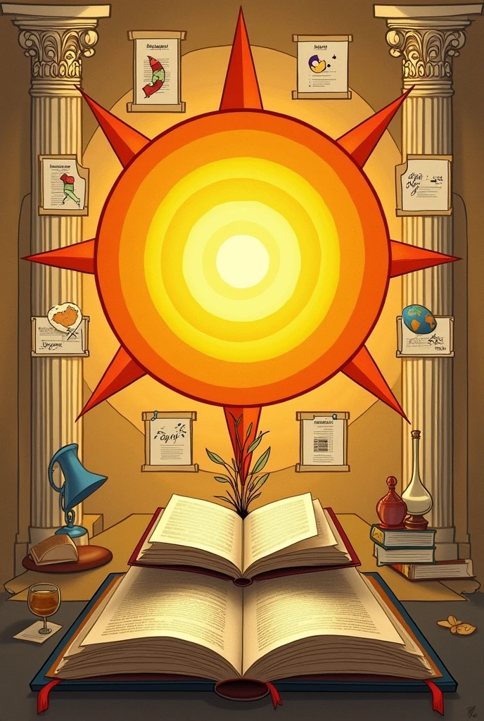 	•	Central Element: A large, simple sun at the center, with rays extending outward. Inside the sun, include symbols of knowledge like an open book or a quill.
	•	Surrounding Elements: Around the sun, draw scrolls or books in a circular pattern, each with simple designs or symbols that represent different areas of knowledge (e.g., a simple globe for geography, a beaker for science, musical notes for arts).
	•	Background: Simplify the background by using clean, geometric shapes like columns or arches to represent the ancient or classical origins of knowledge. You can also include abstract lines or waves that converge towards the central sun, symbolizing the flow of knowledge.