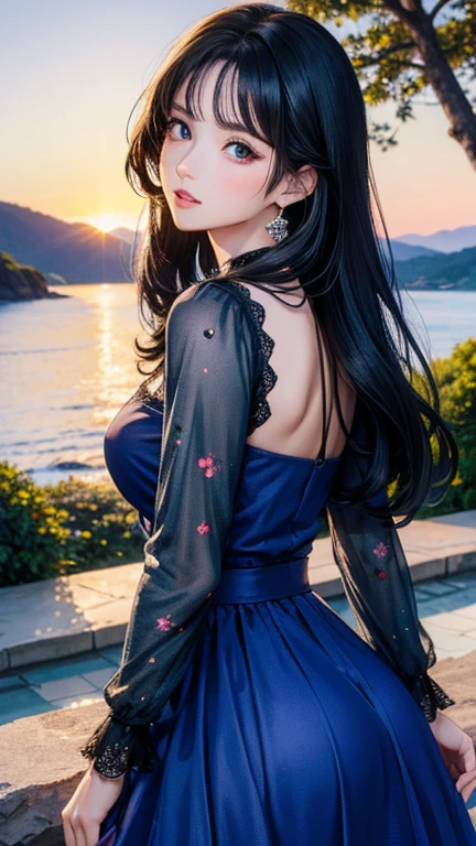 (masterpiece,Highest quality,,8k,High resolution),One female,,Beautiful Face,Beautiful Face,Beautiful eyes,Beautiful lips,,Black Hair,look back,,flower,Sandy beach with a view of the forest,A bright night with stars visible,jewelry,Holding,Long sleeve,necklace,Long Hair,dress,(whole body),Highly detailed anime art,