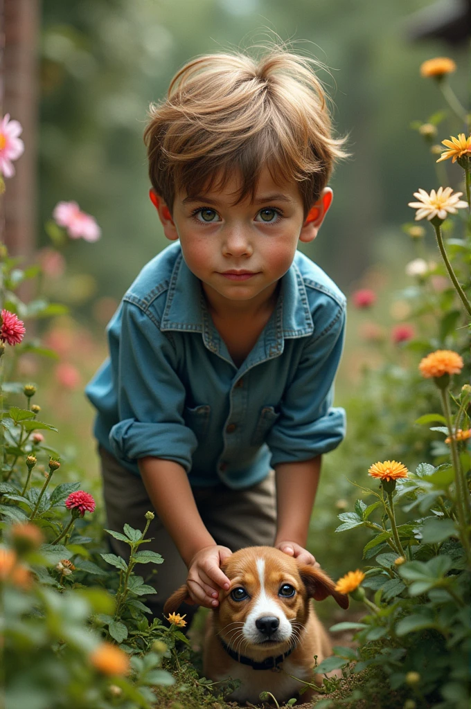 Realistic portrait of a -yeld boHe wears a blue shirt . His face is childish and exploratory . He goes out cautiously into the garden of the house, A small dog is among the bushes and he touches it cautiously ,Not facing the camera,, Hair is untidy ,