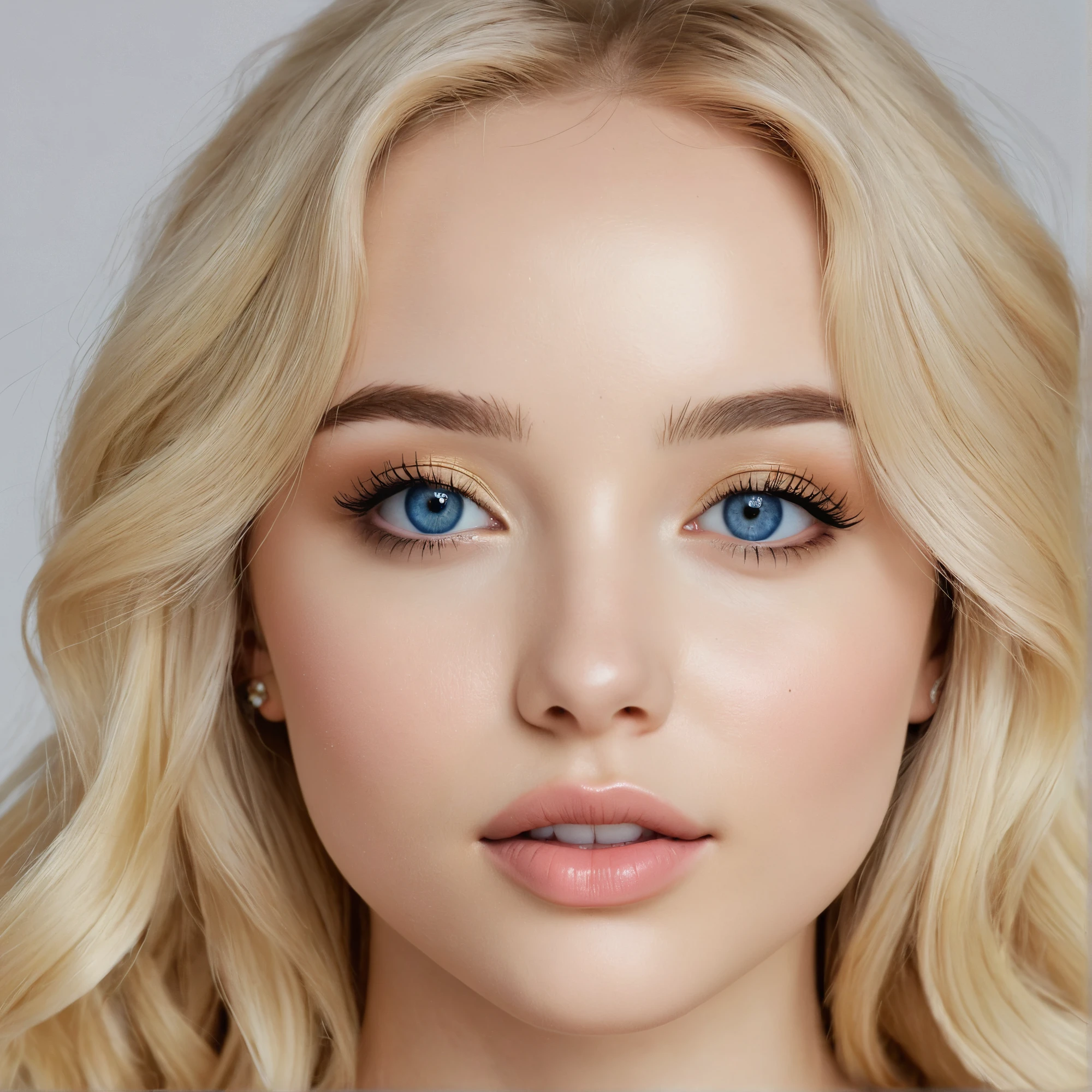 beautiful girl, tender face, big lips, yellow hair, blonde hair, blue eyes, small nose, wide forehead, frontal photo, natural makeup, beautiful, studio photo, lots of detail, realistic skin, 20 years old, young, beautiful, eyebrows thick, aesthetic eyebrows, aesthetic face, sexy look, sexy face, black eyebrows, big cheekbones, small nose, refined nose, teenage face, large eyes, beautiful eyes, similar to dove cameron