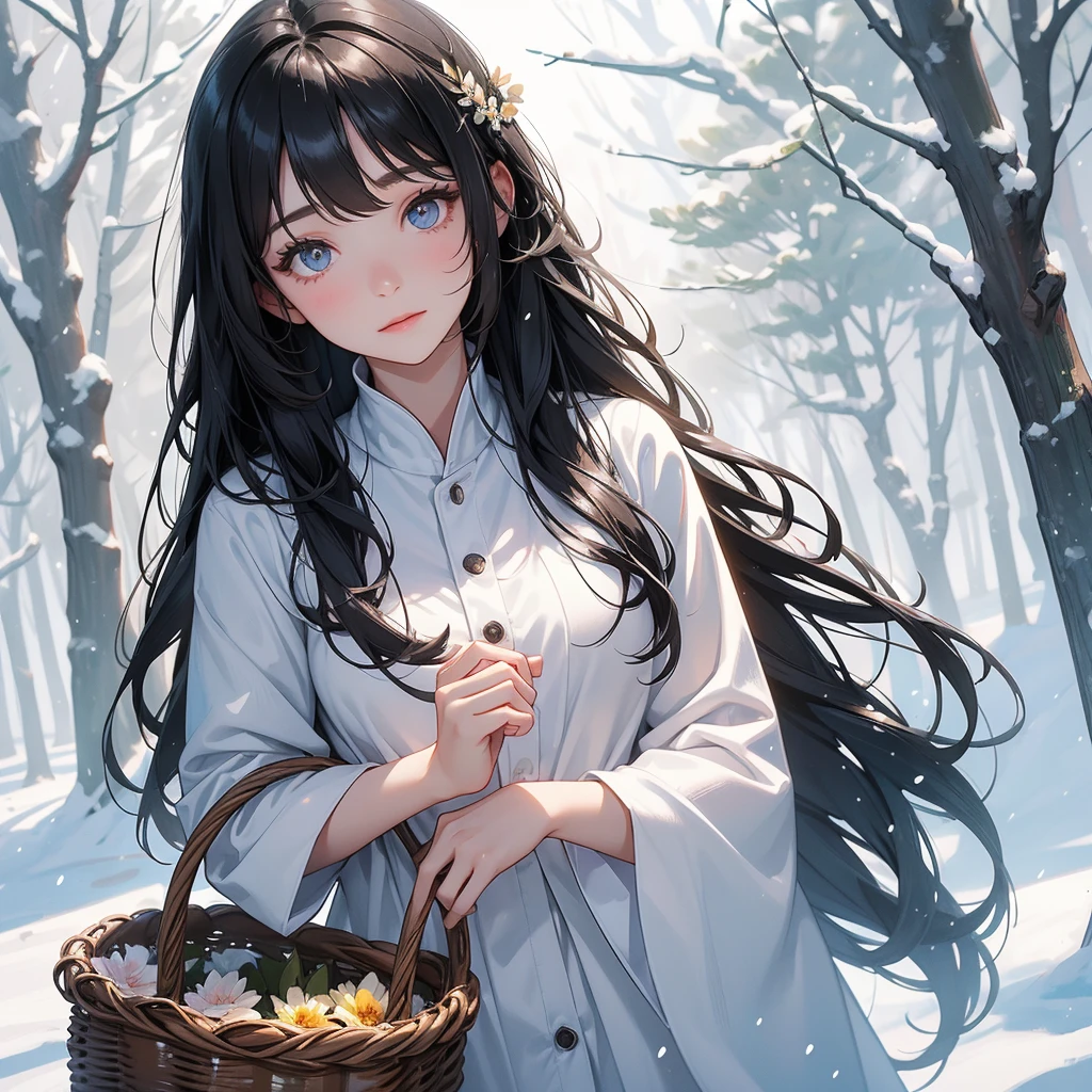 A beautiful girl with black long hair, holding a basket full of flowers in a forest covered in white snowstorms. A very strong blizzard The trees were completely covered with white snow, with the sun shining on her face, close up.