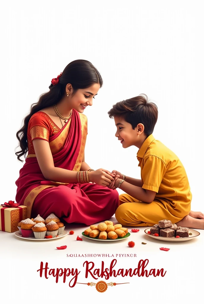 Rakshabandhan fastival, A beautiful Indian girl age 20 years wearing saree carring pooja plate binding raksha band on her brother's right hand, a hindu boy age 19 years,Tila on his forehead,sitting along with her and wearing keshri kurta pyjama eating sweet, so many gift sweets and blessings sitting together on floor, white background, wrote caption happy rakshabandhan on bottom Sai Aashirwad Estate golden red colour 