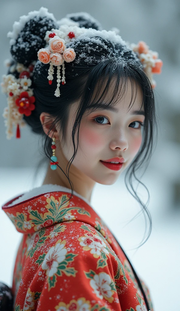 ((of the highest quality, 8K, masutepiece: 1.3, Raw photo)), Sharp Focus: 1.2, (1 AESPA Girl :1.1), Solo, (Realistic, Photorealistic: 1.37), (Face Focus: 1.1), Cute face, hyperdetailed face, (short messy hair: 1.2), Small Smile, Japanese theme, flower pattern KIMONO, standing at the Japan Garden, (heavy snow:1.2), cinematic lighting, Beautiful Japanese makeup, A beautiful woman that symbolizes Japan culture, Costumes with bright patterns, 
BREAK 
(background of muted colors:1.2), (faded photo:1.3), polaroid photo, (film grain:1.3), depth of field, (bokeh:1.1), (light and shadow:1.1), (Cowboy shot:1.2), 