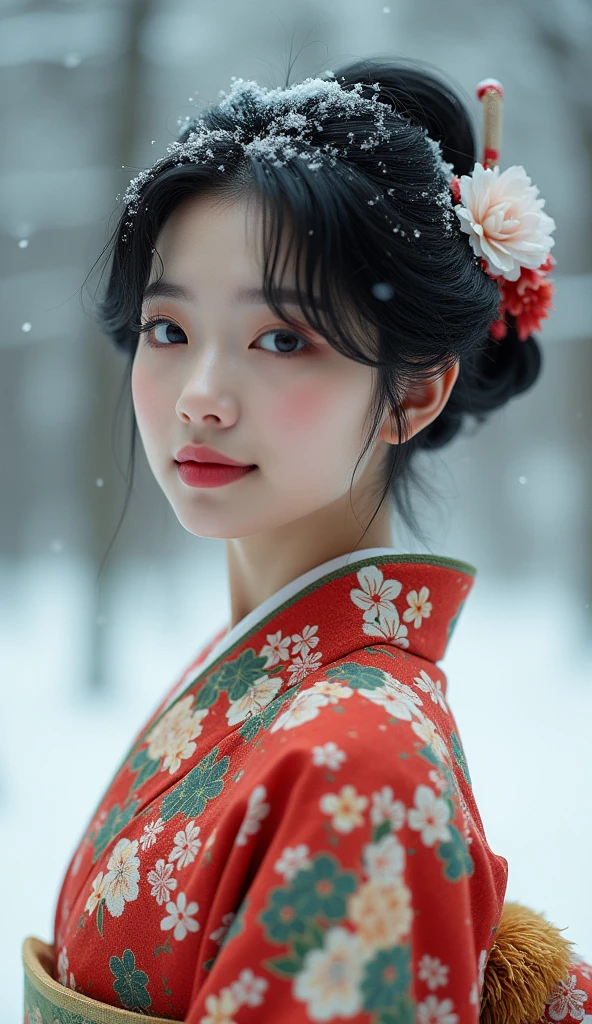 ((of the highest quality, 8K, masutepiece: 1.3, Raw photo)), Sharp Focus: 1.2, (1 AESPA Girl :1.1), Solo, (Realistic, Photorealistic: 1.37), (Face Focus: 1.1), Cute face, hyperdetailed face, (short messy hair: 1.2), Small Smile, Japanese theme, flower pattern KIMONO, standing at the Japan Garden, (heavy snow:1.2), cinematic lighting, Beautiful Japanese makeup, A beautiful woman that symbolizes Japan culture, Costumes with bright patterns,
BREAK
(background of muted colors:1.2), (faded photo:1.3), polaroid photo, (film grain:1.3), depth of field, (bokeh:1.1), (light and shadow:1.1), (Cowboy shot:1.2),