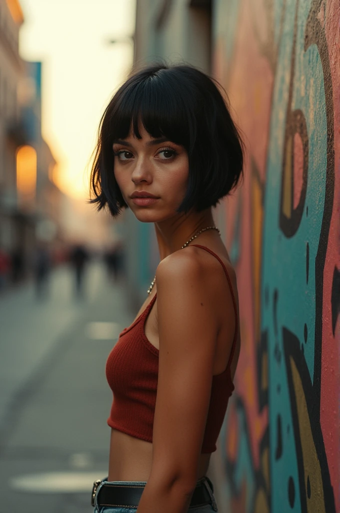 Brunette girl with slanted eyes and short black hair that reaches her shoulders.