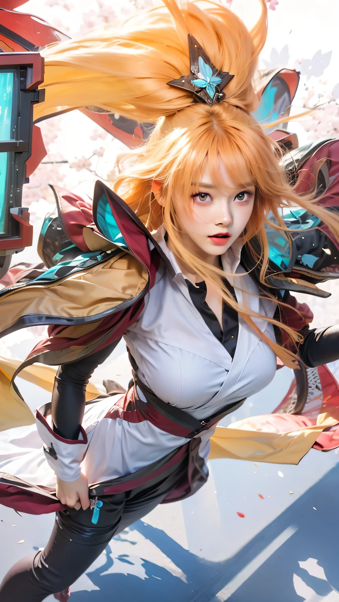Light orange hair, pink eyes, pink and white, sakura leafs, vivid colors, white dress, paint splash, simple background, ray tracing, wavy hair