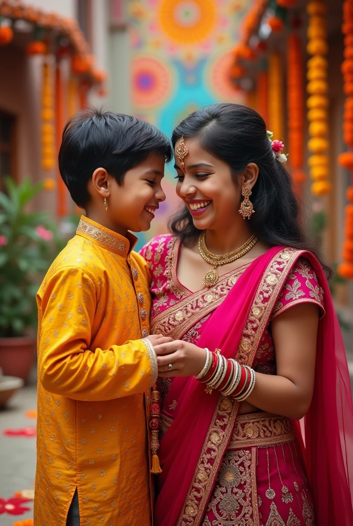 Create a post showing the bond between brother and sister wearing Indian attire, with a colourfull family background. Sister tieing rakhi to her brother