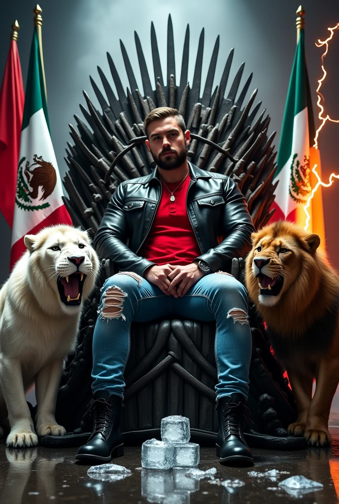 Create a man in his 30s wearing ripped jeans , Wearing a red polo shirt and a black leather jacket, sitting on the Iron Throne with black boots , Next to him there are two lions, one white and one brown, roaring, and two Mexican flags around him.,On the left side, a dragon breathing fire and on the right side a dragon spitting lightning. You can see the text "OMEY" There are melted ice cubes with water on the floor. Everything is well detailed, Luxury premiere style. Camera shot of 10k