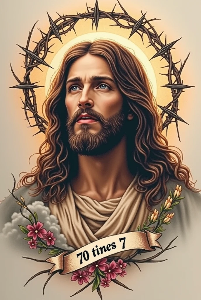 make me a tattoo design with the image of God (Jesus Christ) that contains the phrase 70 times 7, I need it for a tattoo