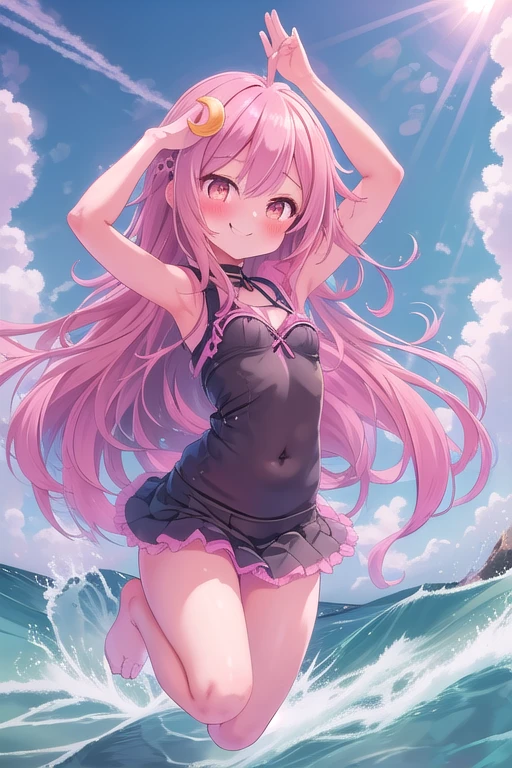 masterpiece, best quality,ultra detail, small breasts,girl, uzuki_kantaicollection smile,pink hair,jump ocean,big wave,cloud,sunshine