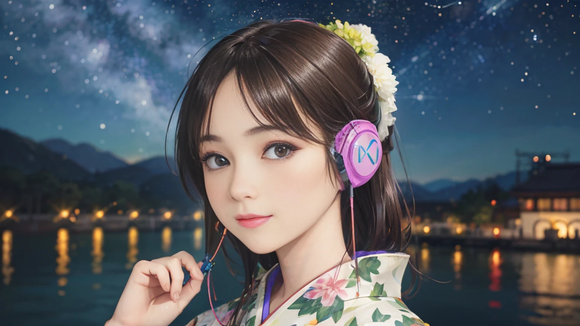 (Highest quality, 8k, masterpiece, High resolution), (whole body), Vibrant colors, ((wireless headphones, wearing wireless headphones)), Brown-black bob, Traditional round topknot, Ample breasts, (Highly detailed face and eyes, Beautiful Face, Beautiful Eyes, Beautiful nose, Pretty lips), (Beautiful woman standing on a riverside observation deck), A friendly gaze, Oh! Facial expression that, (Vivid floral patterned kimono), Official Art, The background is a wide river, Nearby bridge, Riverside streetscape, Mountains in the distance, ((night, starry sky)), Detailed CG,