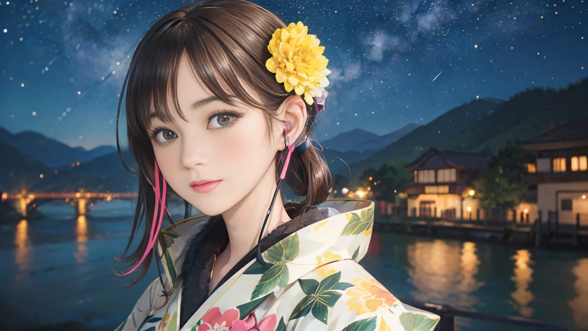 (Highest quality, 8k, masterpiece, High resolution), (whole body), Vibrant colors, ((wireless headphones, wearing wireless headphones)), Brown-black bob, Traditional round topknot, Ample breasts, (Highly detailed face and eyes, Beautiful Face, Beautiful Eyes, Beautiful nose, Pretty lips), (Beautiful woman standing on a riverside observation deck), A friendly gaze, Oh! Facial expression that, (Vivid floral patterned kimono), Official Art, The background is a wide river, Nearby bridge, Riverside streetscape, Mountains in the distance, ((night, starry sky)), Detailed CG,