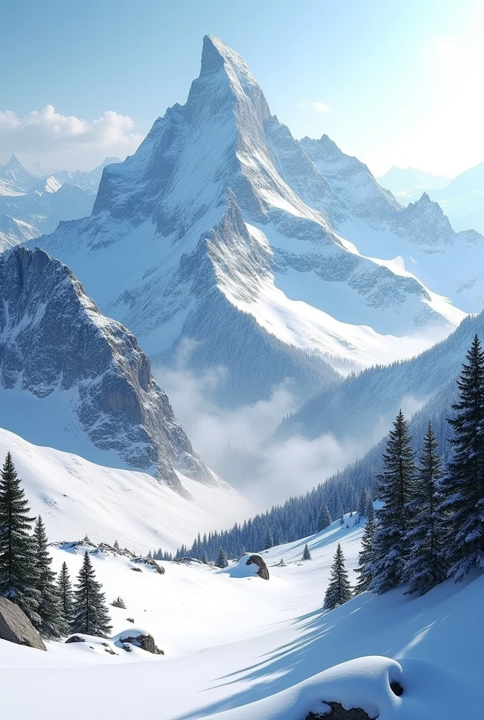 "A stunning mountain landscape with towering peaks covered in snow. The background features rugged, majestic mountains, their sharp edges softened by thick blankets of snow. The sky above is clear, with a light blue gradient that contrasts with the pristine white of the snow. The mountains are surrounded by a few scattered evergreen trees, their dark green providing a stark contrast to the snowy scene. The ground is also covered in snow, with small patches of exposed rock. The overall atmosphere is serene and untouched, capturing the beauty of a winter wonderland."