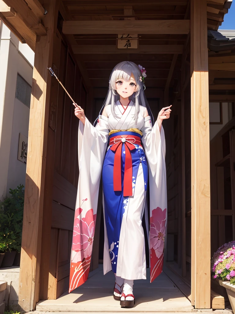 High definition、anime、pastel、watercolor、A pure girl dressed in a shrine maiden's outfit、Flowers sprout from beneath your feet、１８age、Halfred with long silver hair、Full body portrait、I can&#39;t see my feet、Do not show thighs、Wearing clogs、A long, flowing miko outfit、Large eyes like opals、Powerful eyes、Dance dedicated to the gods