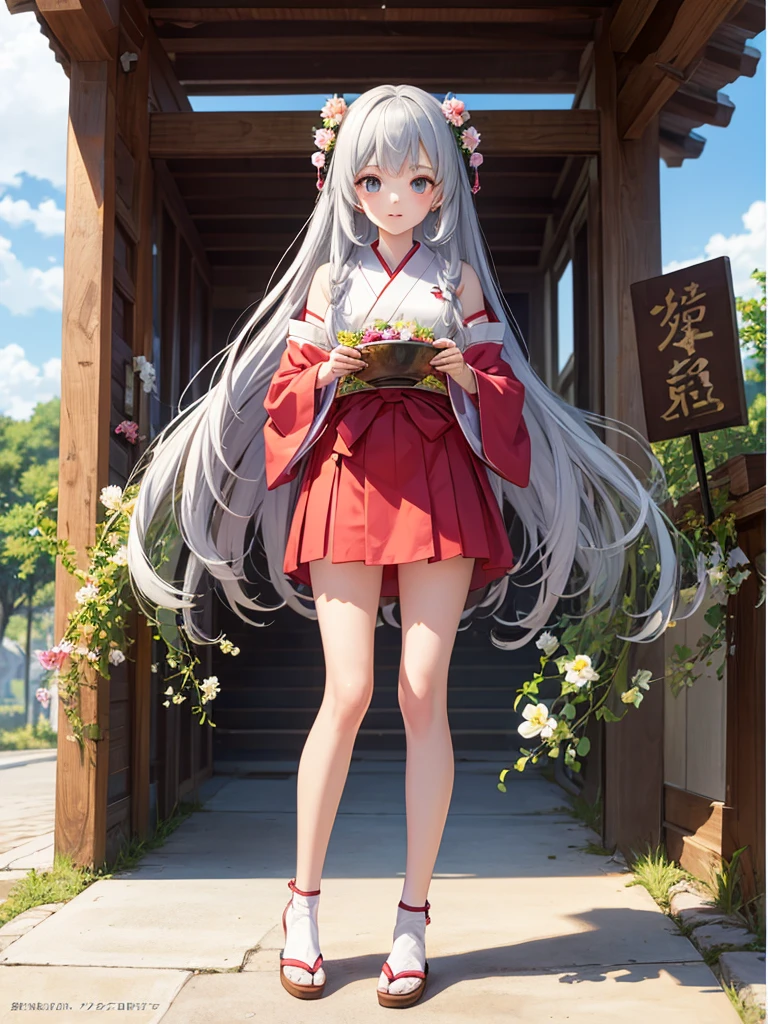 High definition、anime、pastel、watercolor、A pure girl dressed in a shrine maiden's outfit、Flowers sprout from beneath your feet、18age、Halfred with long silver hair、Full body portrait、I can't see my feet、Do not show thighs、Wearing clogs、A long, flowing miko outfit、Large eyes like opals、Powerful eyes、Dance dedicated to the gods