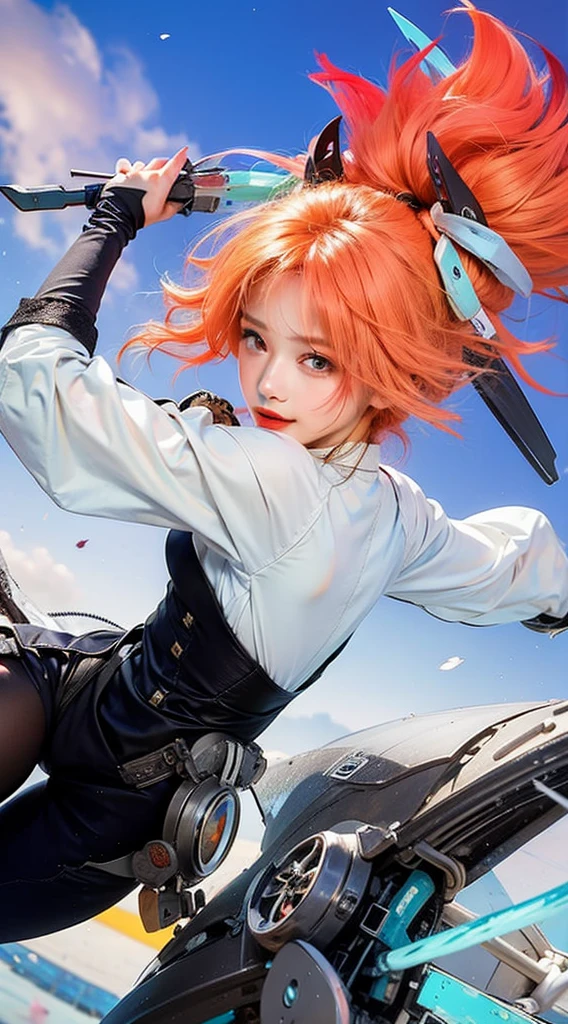 Light orange hair, pink eyes, pink and white, sakura leafs, vivid colors, white dress, paint splash, simple background, ray tracing, wavy hair