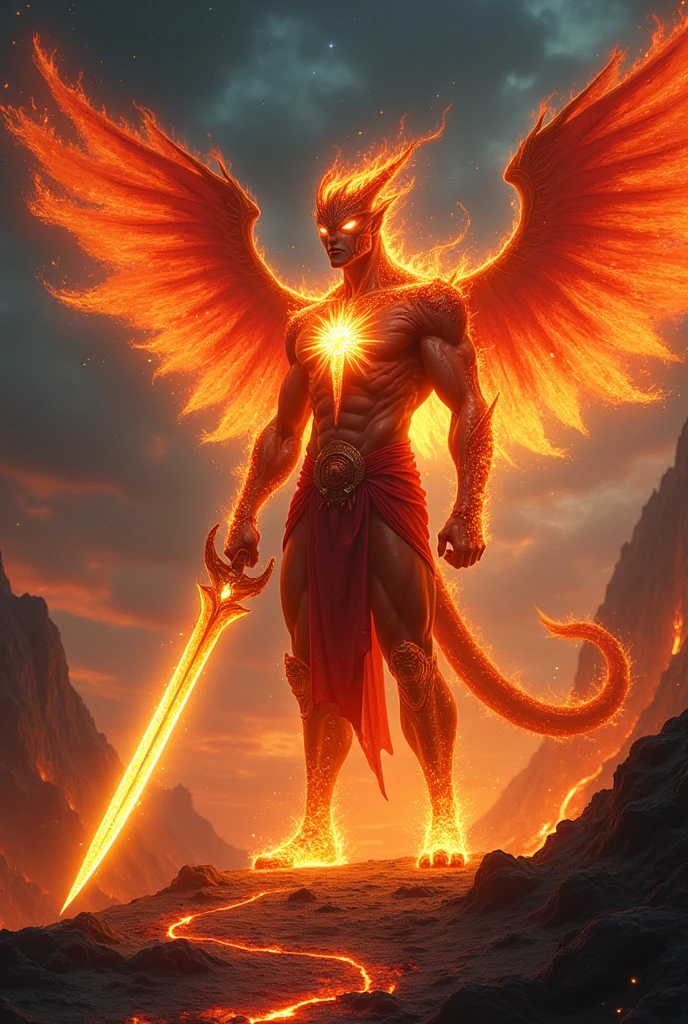 Image of a fire element humanoid creature, He has a human form but has a fierce appearance, His body is always burning, and he carries a big fire sword, He has 5 eyes,2 more eyes on his hands, and one big eye on his chest, He is not evil, He has 2 fire wings that are always burning He has a tail