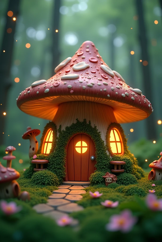masterpiece, best quality, (extremely detailed CG unity 8k wallpaper), (best quality), (best illustration), (best shadow), A mushroom house covered with moss,firefly,wtarlight surrounds the room,petal, isometric 3D, octane render,ray tracing,ultra detailed,