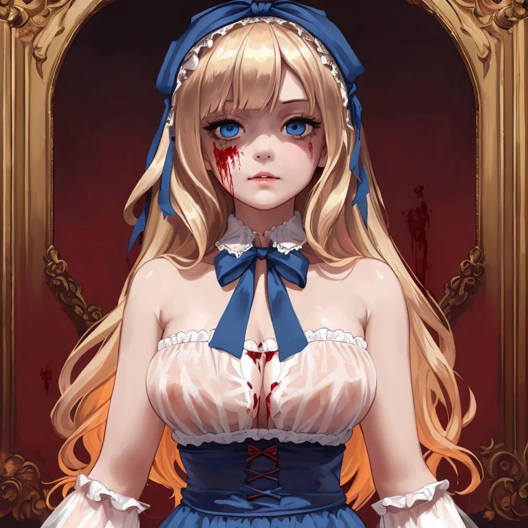 (finely detailed beautiful eyes and detailed zombie face,masterpiece sidelighting,masterpiece,best quality,detailed,high resolution illustration),, (depraved topless zombie girl,whole body,sundress,lustrous skin,looking down,looking at viewer),, (blood hair,blue eyes,ribbon, sheer clothes), (clothed_underbust:1.2),underboob
