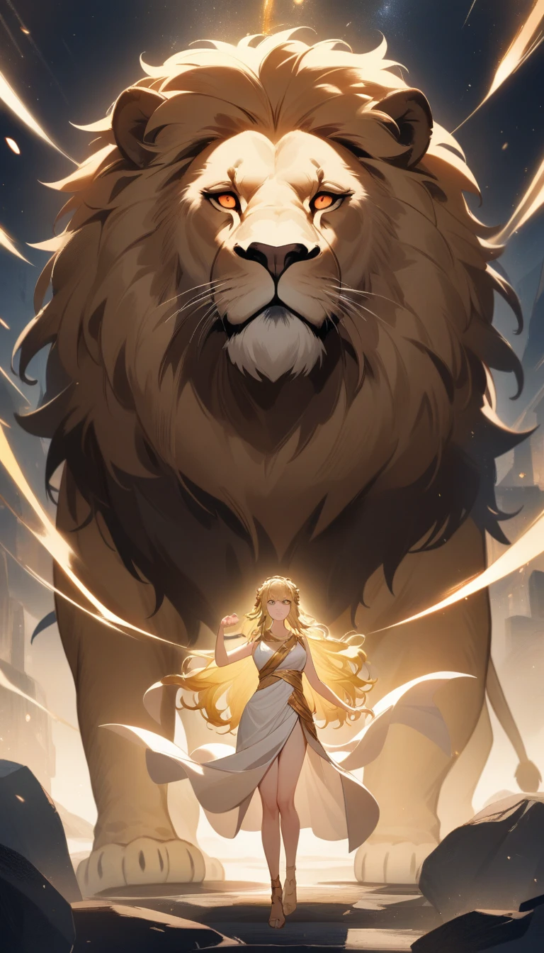 (Huang Li、high quality、Extremely detailed),Constellation - Goddess Leo,Giant lion,Woman petting a lion,Similar to Latin goodness,brave,capricious,Productivity,The face of enterprising and humanitarianism,Blonde hair,Ancient Greek costumes、Wrap Dress,The background is the palace,Crystal red eyes(Eyes Details),Powerful appearance