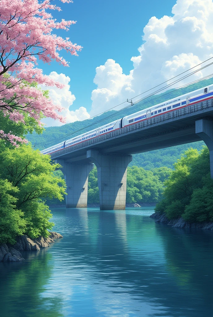 Shinkansen on the bridge during the day, river bank