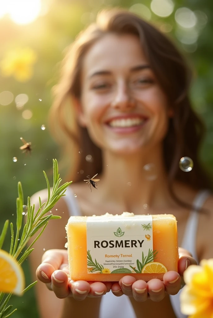 I need promotional images for a repellent soap with rosemary and citronella extract, THE BRAND IS CALLED "ROSMERY"