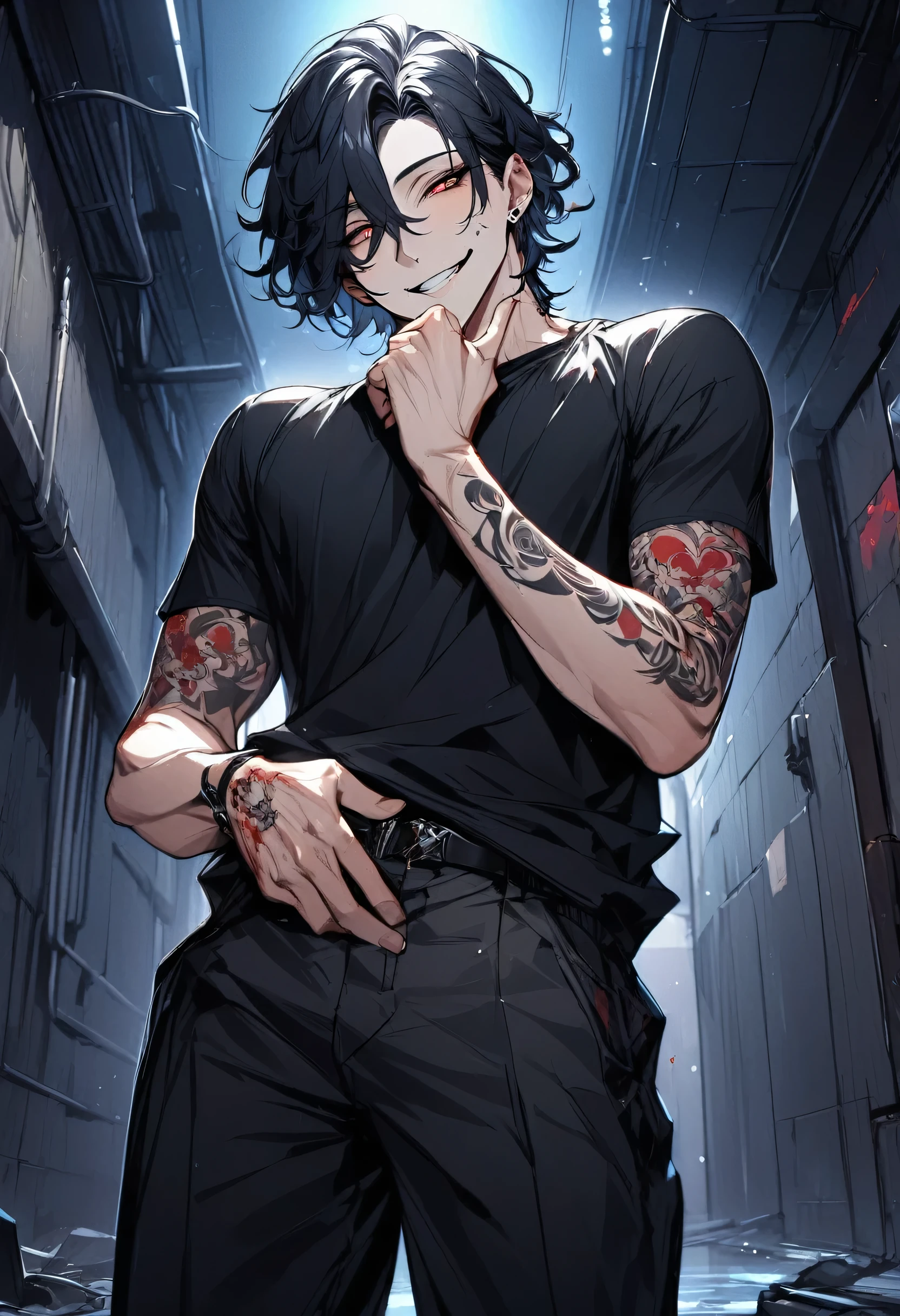(masterpiece), best quality, expressive eyes, perfect face, , LowKeyLights, jewelry, male focus, solo, 1boy, standing on a dark basement, he has black, shoulder-length, curled hair and red eyes, looking at viewer, his body is tall and athletic, but he wears a black short-sleeved shirt, black pants and shoes, and he has many tattoos on his arms, night, dark, his face is stretched into a dark and slightly obsessed smile, detailed face, detailed eyes, detailed body, tall and athletic, his appearance speaks of his gloominess and yandere personality, basement background, detailed fingers, detailed teeth, correct pupils, adult, close view, best upscale, he's Wicked One in love, view from below, detailed grin, hand touching his face with fingers, head tilted, dark and gloomy, blood on face, half closed eyes, hearts in pupils