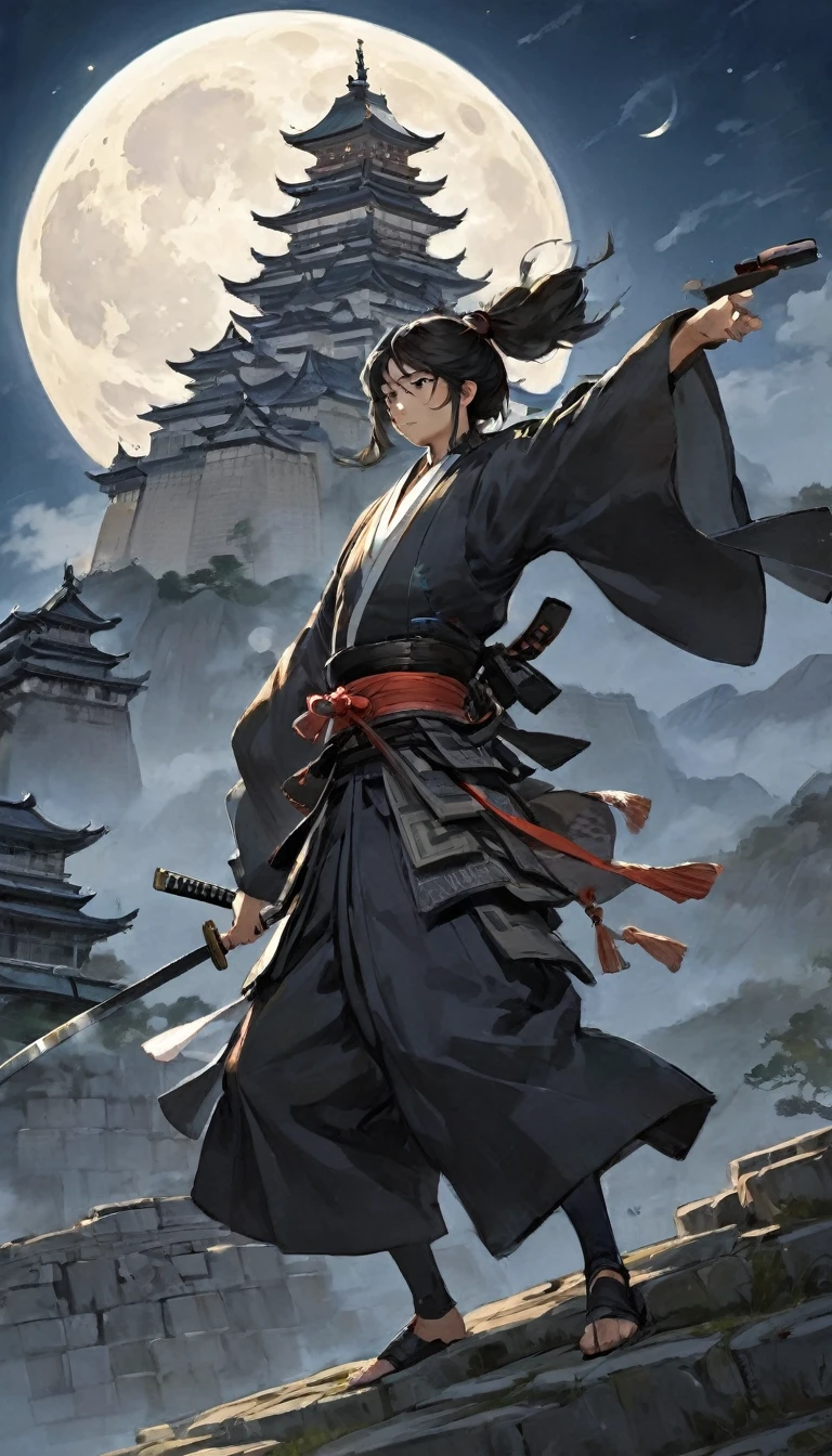 A samurai dramatically striking a pose under a full moon, castle looming in the background, as if he’s saying, “Who am I? You’ll never guess!” Mysterious yet oddly playful.

