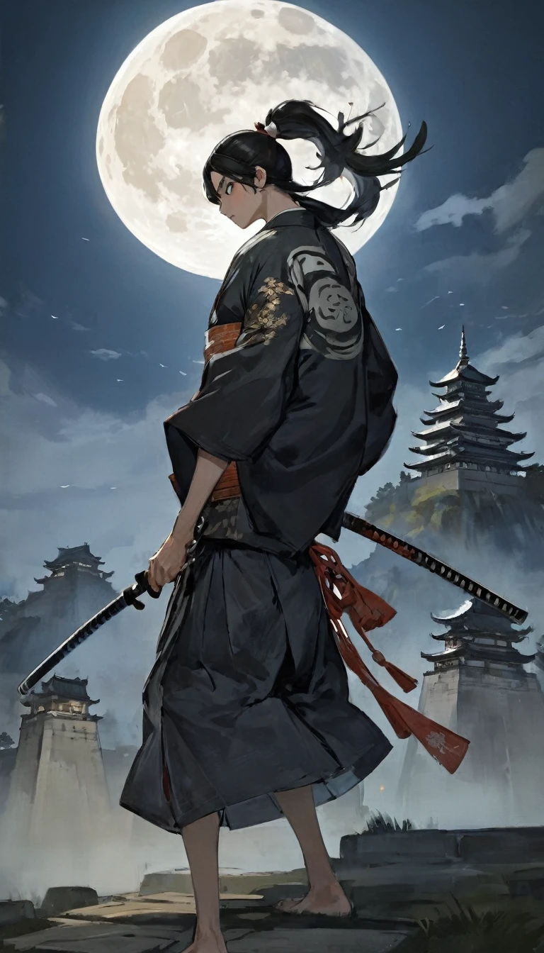 A samurai dramatically striking a pose under a full moon, castle looming in the background, as if he’s saying, “Who am I? You’ll never guess!” Mysterious yet oddly playful.
