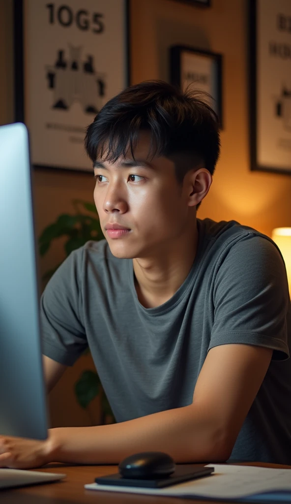 This image shows a 22-year-old Vietnamese man sitting in front of a computer 
 Reflect on your development journey, from the first steps to achieving success in the company.