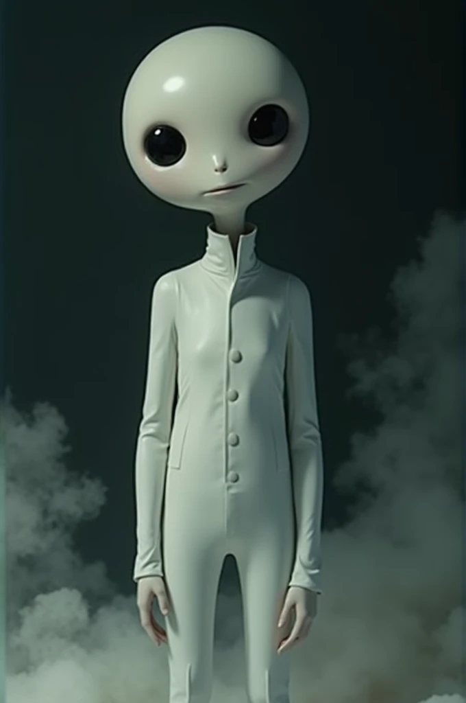 Wearing white clothes。
Hair is shaved。
The back is small.
The eyes are dots.
The mouth is horizontally about 4 cm long.