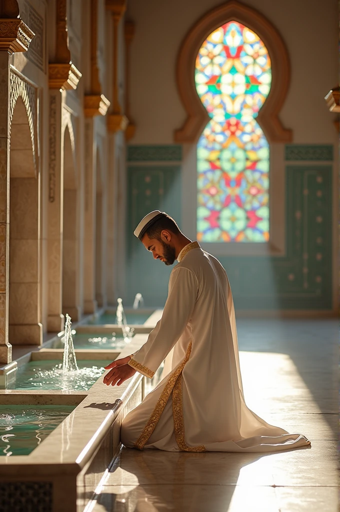 A Muslim man in traditional Arabic clothing performs ablution in the ablution area of a beautiful mosque.