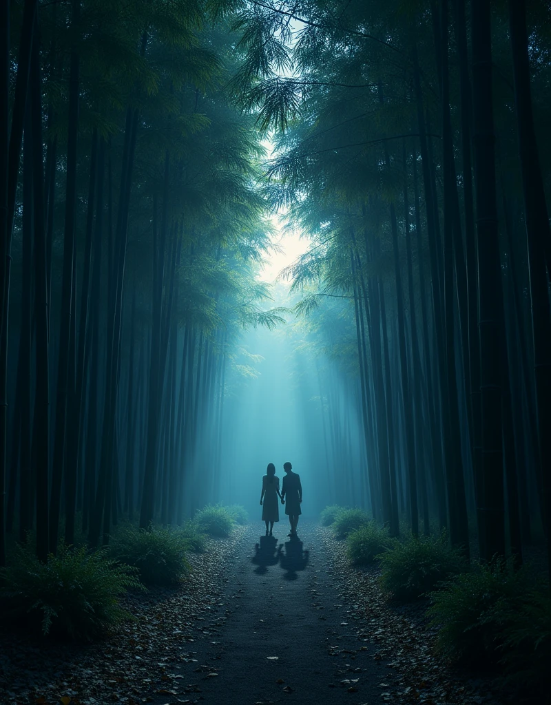 bamboo forest, night, full moon, moonlight, Mysterious atmosphere, Pale white light, Shadow and Light