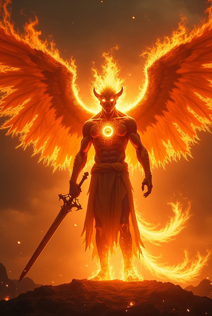 Image of a fire element humanoid creature, He has a human form but has a fierce appearance, His body is always burning, and he carries a big fire sword, He has 5 eyes,2 more eyes on his hands, and one big eye on his chest, He is not evil, He has 2 fire wings that are always burning He has a tail