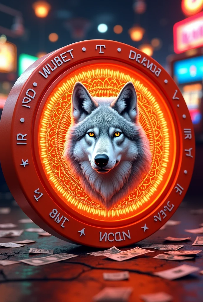 Big bright orange casino chip , with the face of a white and gray wolf and on the face have mandala , and that around the chip in letters with large 3D shine say "RED WINSBET CASHIER VALE" and money in the air