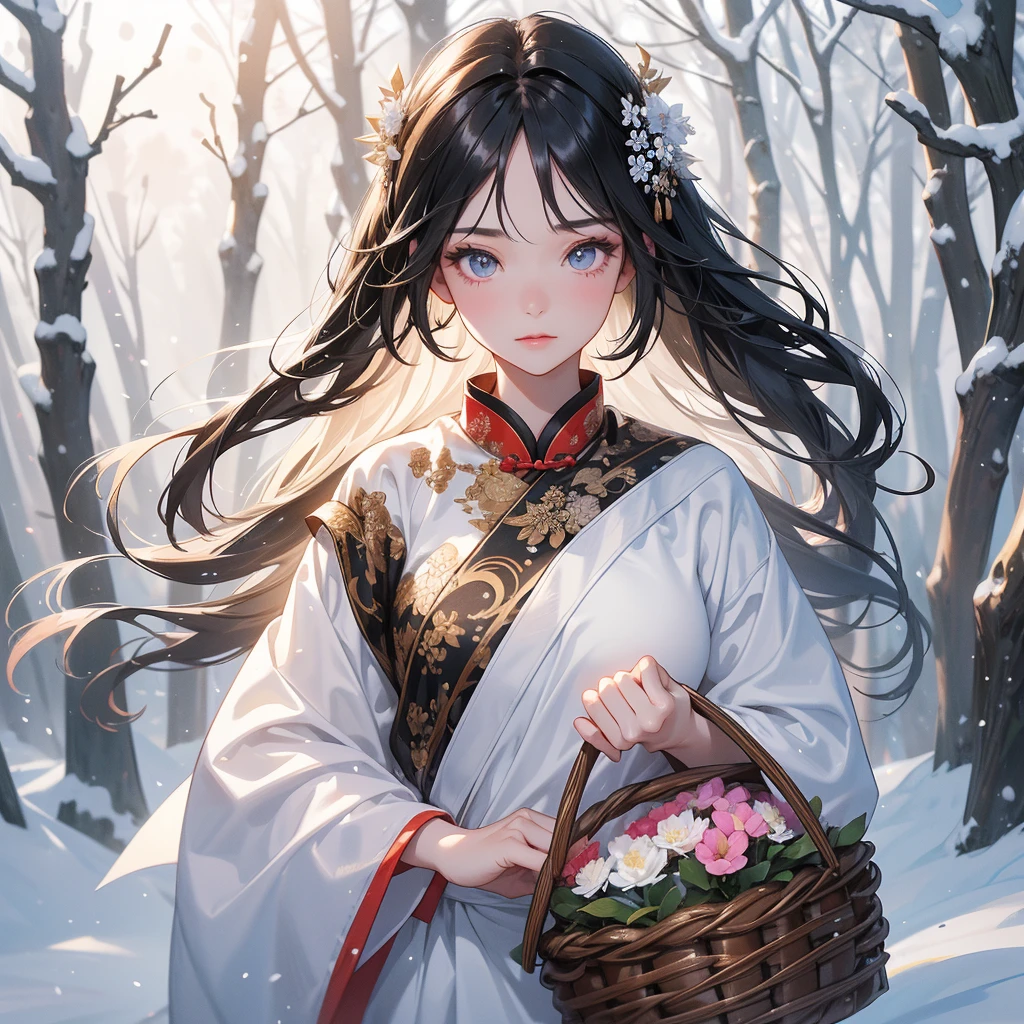 A beautiful girl with black long hair, In ancient Chinese clothing , holding a basket full of flowers in a forest covered in white snowstorms. A very strong blizzard The trees were completely covered with white snow, with the sun shining on her face, close up.
