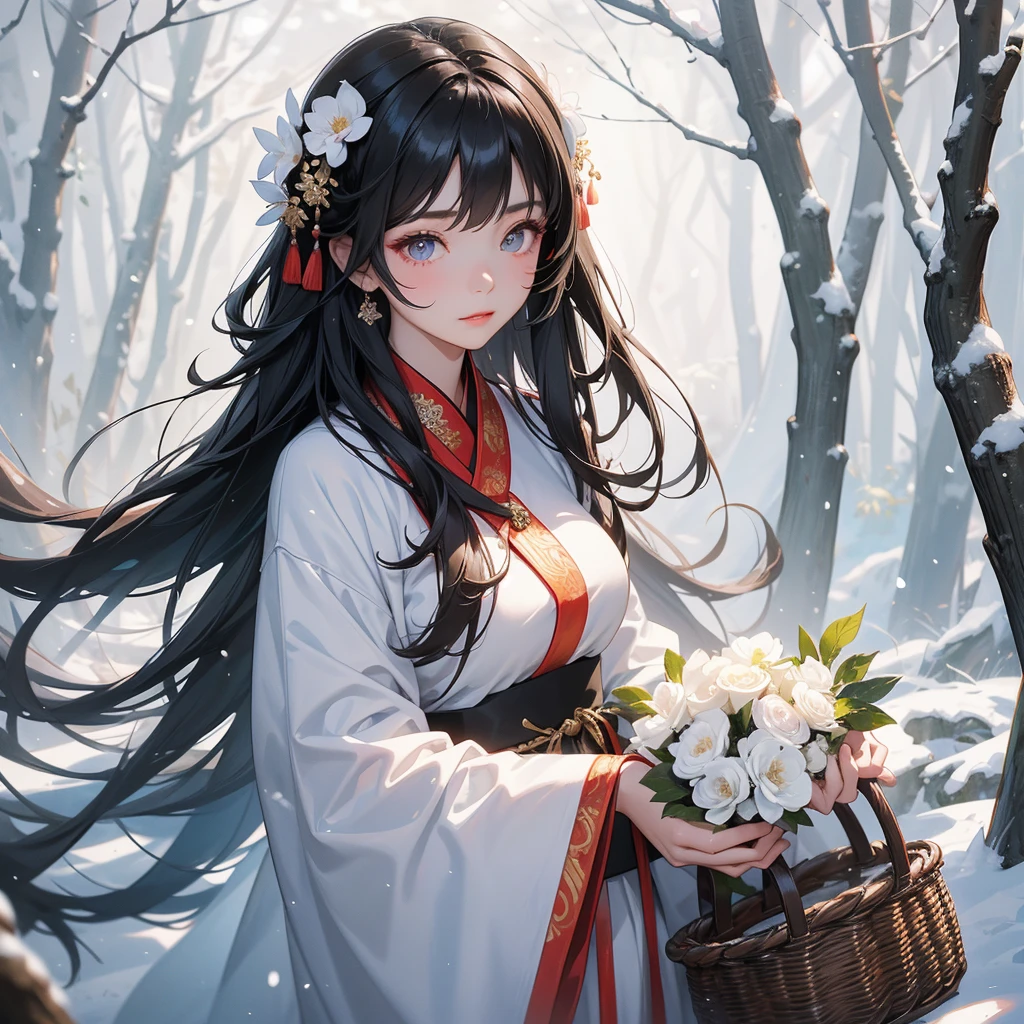 A beautiful girl with black long hair, In ancient Chinese clothing , holding a basket full of flowers in a forest covered in white snowstorms. A very strong blizzard The trees were completely covered with white snow, with the sun shining on her face, close up.