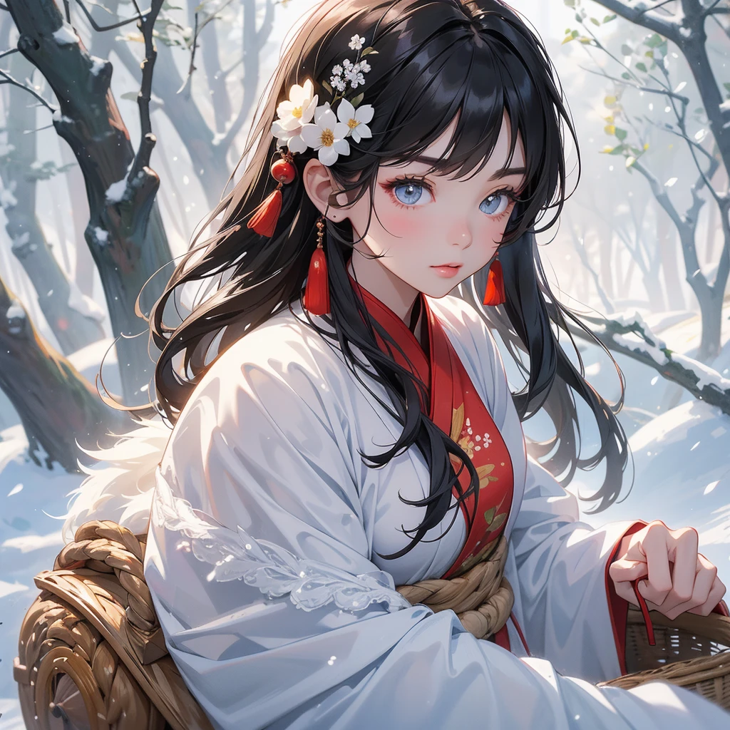 A beautiful girl with black long hair, In ancient Chinese clothing , holding a basket full of flowers in a forest covered in white snowstorms. A very strong blizzard The trees were completely covered with white snow, with the sun shining on her face, close up.