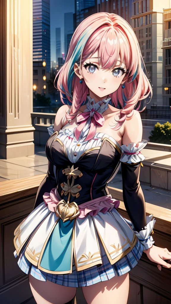 “(Top Quality, Masterpiece, Ultra High Definition, High Resolution, HDR, Unity 8K Wallpaper, Beautiful details, depth, delicacy, vibrant colors). A single girl in an anime style inspired by Epic Seven. She has beautifully detailed eyes, lips and face, her eyelashes are long, she wears an intricate and revealing gyaru-style uniform, a mini skirt, cute ribbons, accessories, her hands are not shown, her hair is multicolored with a striped curly texture, her hands are behind her back, a mix of rainbow hues and half white, half pink tones, the focus is on her upper body, capturing her smiling expression, her arms down, the accented mini skirt, this image highlights her attractive and adorable appearance, exuding an erotic and cute atmosphere. The girl's hairstyle is distinctive and different, adding uniqueness to her look, her hands are behind her back, this scene is rendered in ultra high definition CG, every detail is crisp and sharp.”