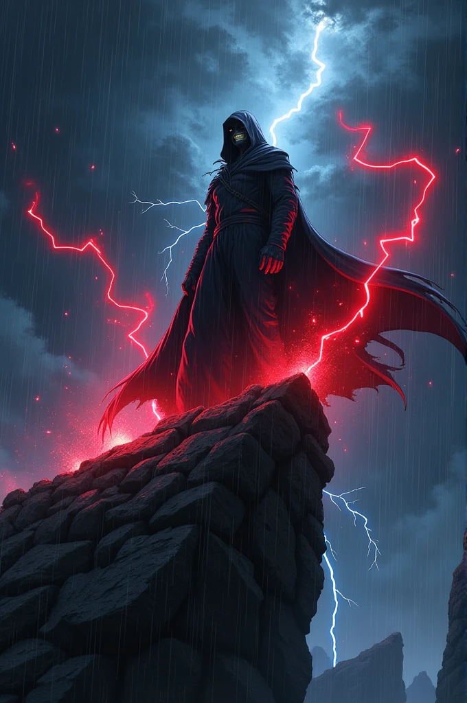 A powerful villain ,emanating red beams around him ,He's hooded ,atop a wall under a fierce storm ,in the anime style of My Hero Academia