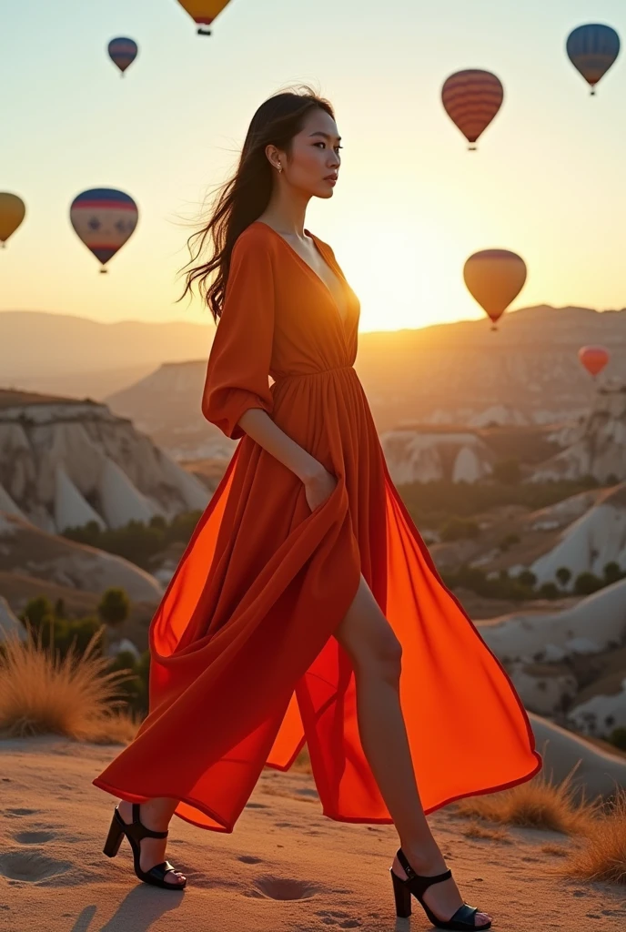 A stunning scene in the natural beauty of Cappadocia, Turkey, with multiple hot air balloons soaring in the background. A Japanese female model walks gracefully, dressed in a chic, high-fashion outfit that blends classic and modern styles. The outfit features a pop of color and innovative, smooth-textured fabrics, setting a new fashion standard. Her confident, light-footed stride draws the attention of those around her, making her the focal point of this breathtaking landscape.